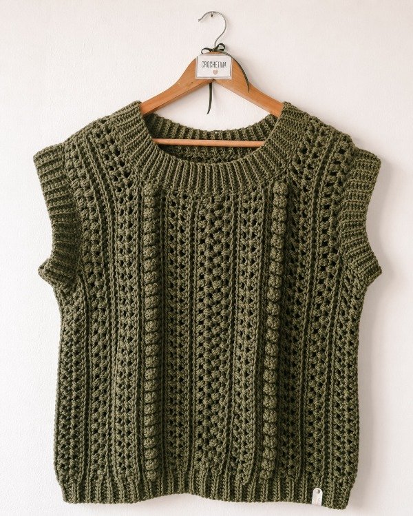 Patrón chaleco camelia técnica crochet vertical