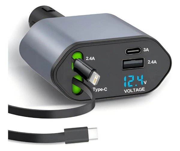 Producto - CARGADOR DE AUTO 4 EN 1 120 W 2 CABLES RETRACTILES CARGA RAPIDA