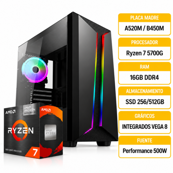 Producto - PC GAMER STARTER AMD RYZEN 7 5700G 16GB 256GB/512GB GABINETE GAMER - 0