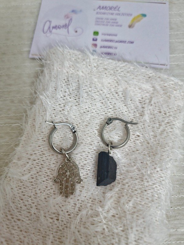 Producto - Aros Turmalina negra y Manito de Fátima