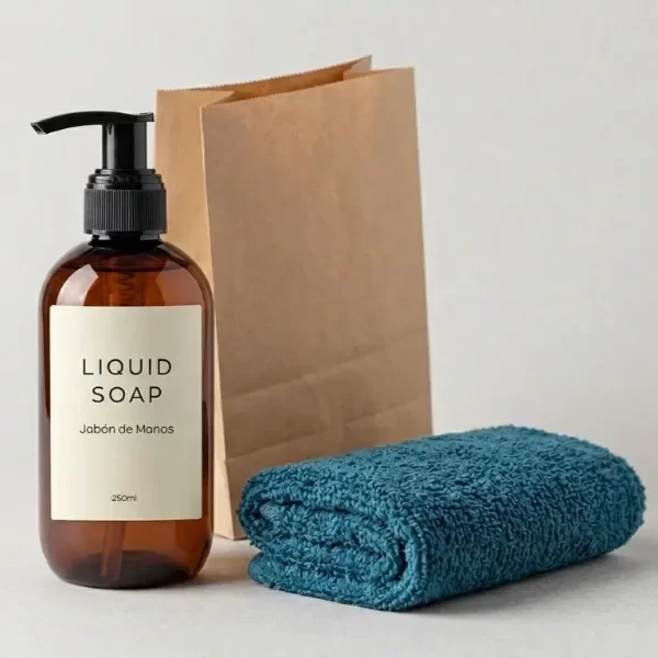 Producto - Set de Baño Minimalista Jabón Líquido Ámbar y Toalla