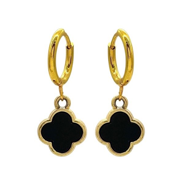 Producto - Aros argolla cubanas de acero dorado con dije - 1.2cm - Flor - Negro