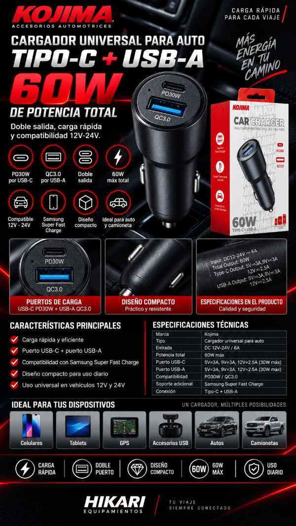 Producto - Cargador Universal Para Auto Kojima Tipo-C + USB-A 60W - 0