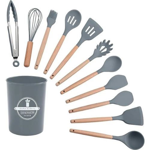 Producto - Set X12 Utensilios De Cocina Mango Madera Punta Silicona