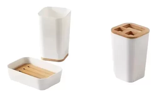 Producto - Set X3 Kit De Baño Blanco Bambú Jabonera Vaso Porta Cepillo