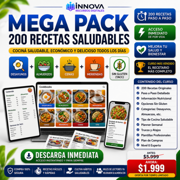 Producto - MEGA PACK  I  200 RECETAS SALUDABLES PASO A PASO