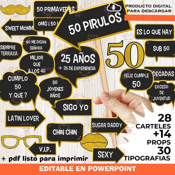 Producto - Kit Imprimible 50 años Photo Props Cartelitos Editable y Pdf