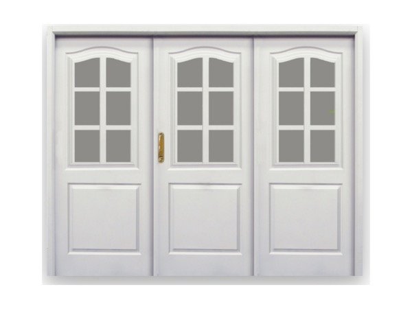Producto - Portón de tres hojas doble chapa inyectado media reja con postigo blanco