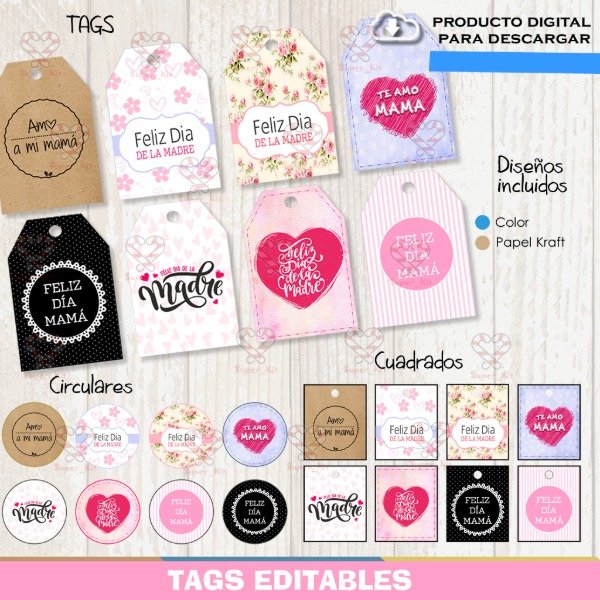 Producto - Kit Imprimible Tags Dia De La Madre Editables