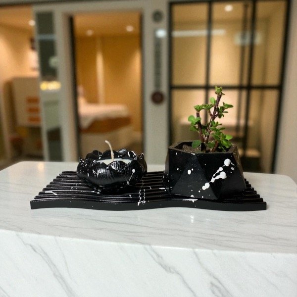 Producto - Combo #11 Bandeja ZigZag + Maceta Hexagonal + Flor de loto con Vela aromática