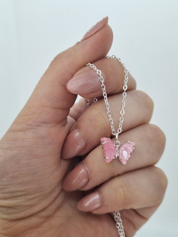 Producto - Cadena acero blanco fina dije mariposa macar color chica acadi630