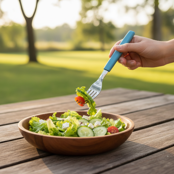 Producto - Set x 12  unidades de Tenedor mango de plástico color Azul Acero