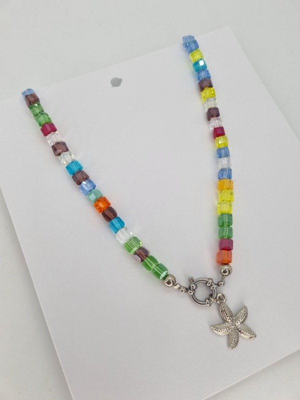Producto - Cadena acero quirurgico cristales rect color dije estrella de mar text