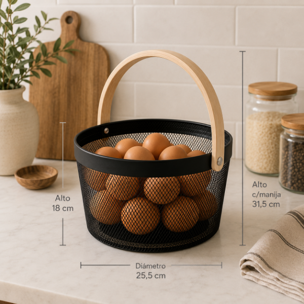 Producto - Canasto Organizador Negro con Asa de Madera Porta Huevos y Frutera - 2