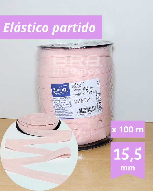 Producto - Elástico Partido "New Pampa" 15,5 mm - Rosa Bebé (x Rollo de 100 Metros)