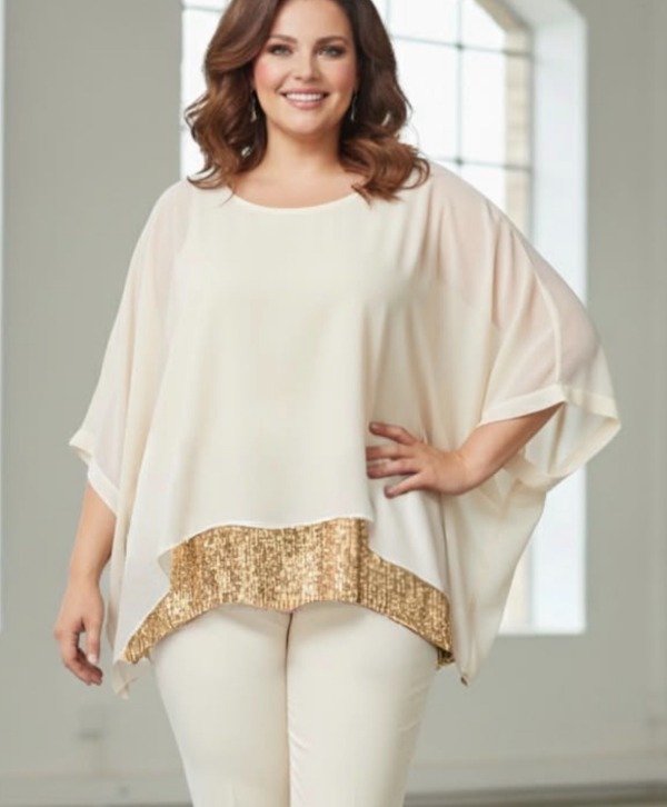 Producto - Blusa Gasa Natural Amplia abarca XL XXL Lentejuelas Doradas