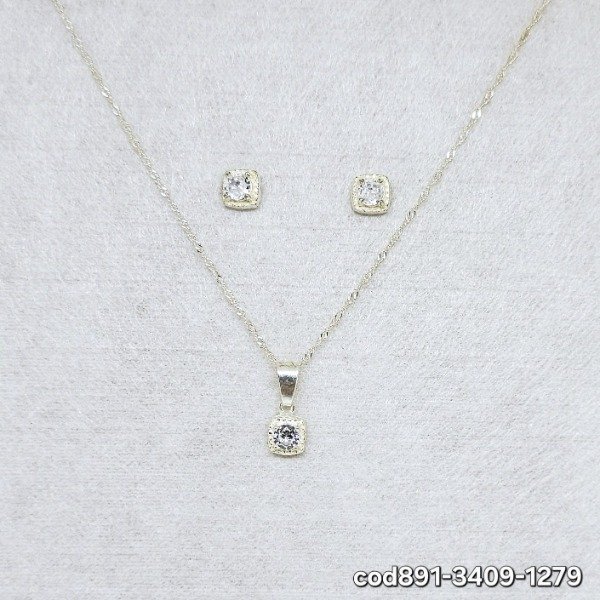 Producto - CONJUNTO cadena, dije y aros cuadrado piedra blanca, de plata (cod891-3409-1279)