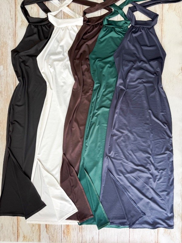 Producto - Vestido microfibra largo halter para atar en cuello con tajo