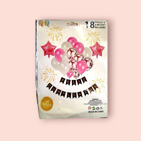 Producto - KIT GLOBOS ROSA PREMIUM BANDERIN FELIZ CUMPLE 18 PIEZAS X1