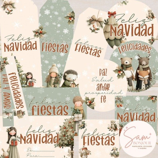 Producto - Archivos digitales:  Kit Imprimible de etiquetas Cottagecore Navidad