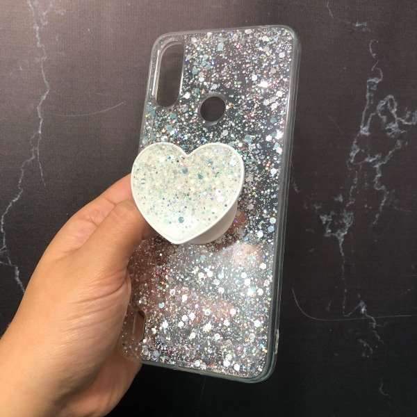 Producto - Funda Motorola E7i Power Brillo Plata + Pop Corazón
