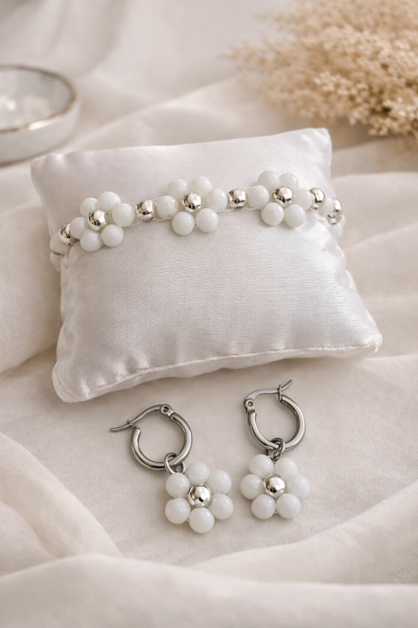 Producto - Set Brisa Pulsera + Aros - Blanco con Plateado