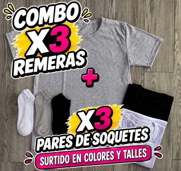 Producto - COMBO X3 REMERAS UNISEX SURTIDAS + X3 SOQUETES