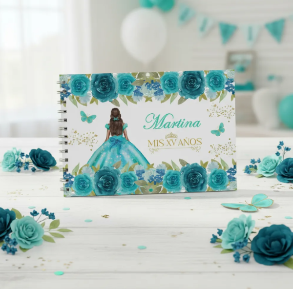 Producto - Kit Imprimible Libro De Firmas Mis 15 años - VERDE AGUA