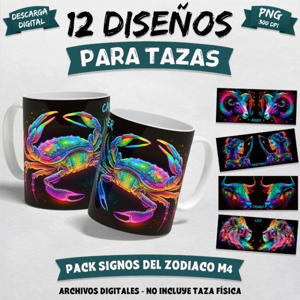 Producto - Pack 12 Plantillas Para Tazas Diseños Signos del Zodíaco Sublimación M4