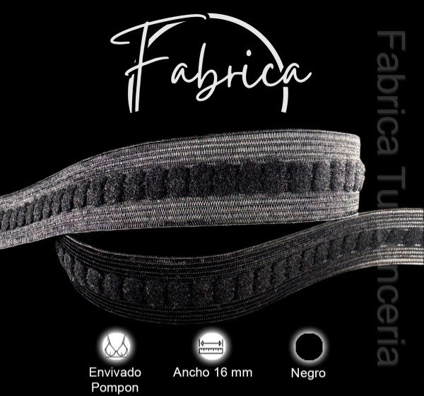 Producto - Envivado o Elástico Partido Pompón Negro 16mm (1 metro)