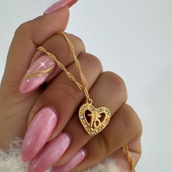 Producto - CONJUNTO BAÑADO CORAZON 15 CON BRILLOS