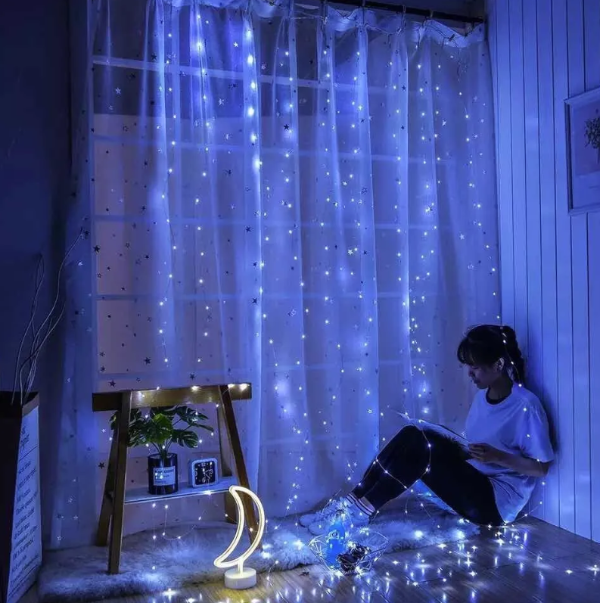 Producto - Cortina Led 3x3 mts de Alambre Led 300 Luces Blancas 10 Tiras Usb Control Remoto