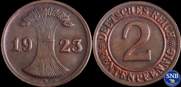 Producto - Alemania - República de Weimar - 2 Pfennig (1923 D) KM #37 [VF/XF]