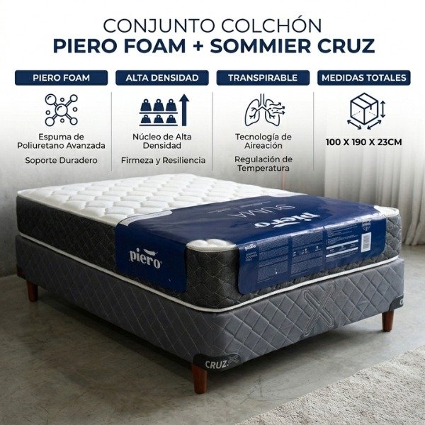 Producto - CONJUNTO COLCHON PIERO FOAM ESPUMA ALTA DENSIDAD + SOMMIER CRUZ 100 X 190 X 23CM