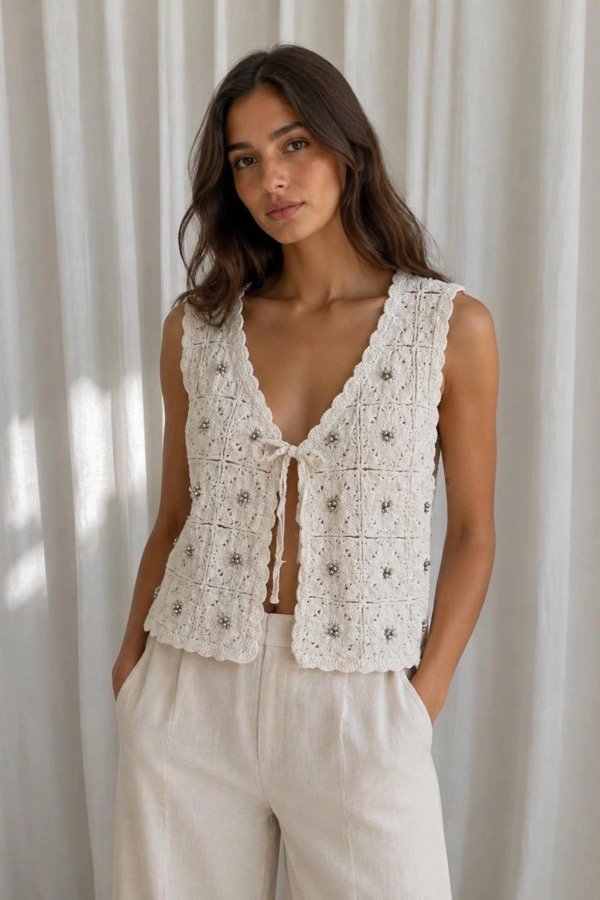 Producto - Chaleco Bernarda crochet con perlas - 0