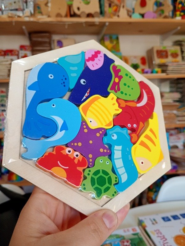 Producto - Rompecabezas hexagonal 3 en 1. DINOS - TRANSPORTE - GRNJA - MAR - 1