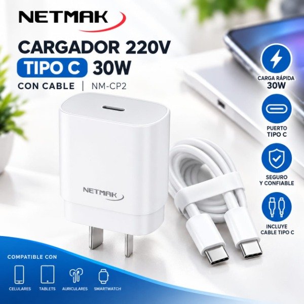 Producto - CARGADOR 220V TIPO C NETMAK 30W C/CABLE NM-CP2