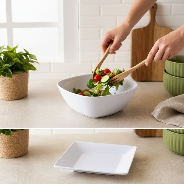 Producto - SET DE DOS PLATOS CUADRADOS Y ENSALADERA DE MELAMINA GASTRONOMICA - 2