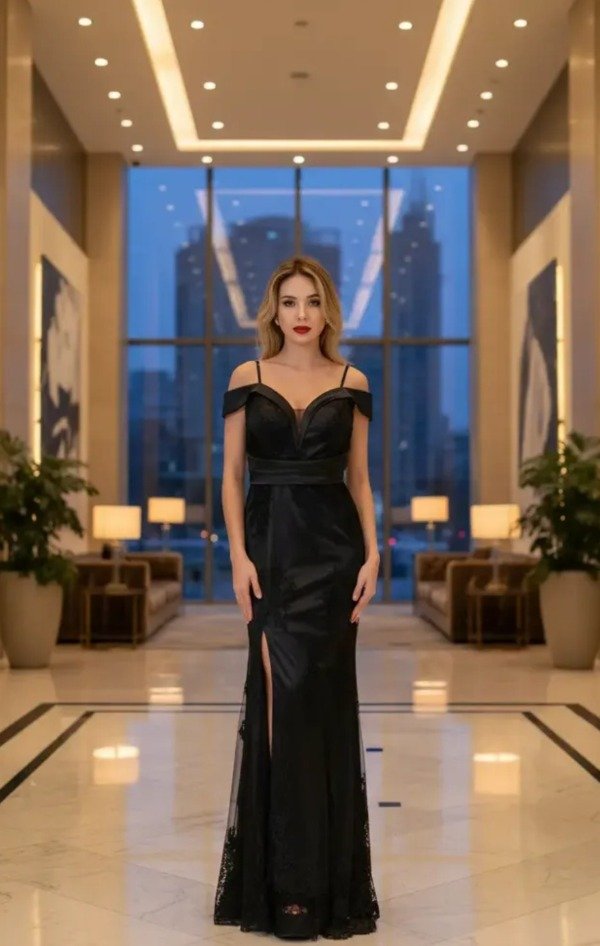 Vestido largo sirena de tul bordado con tajo