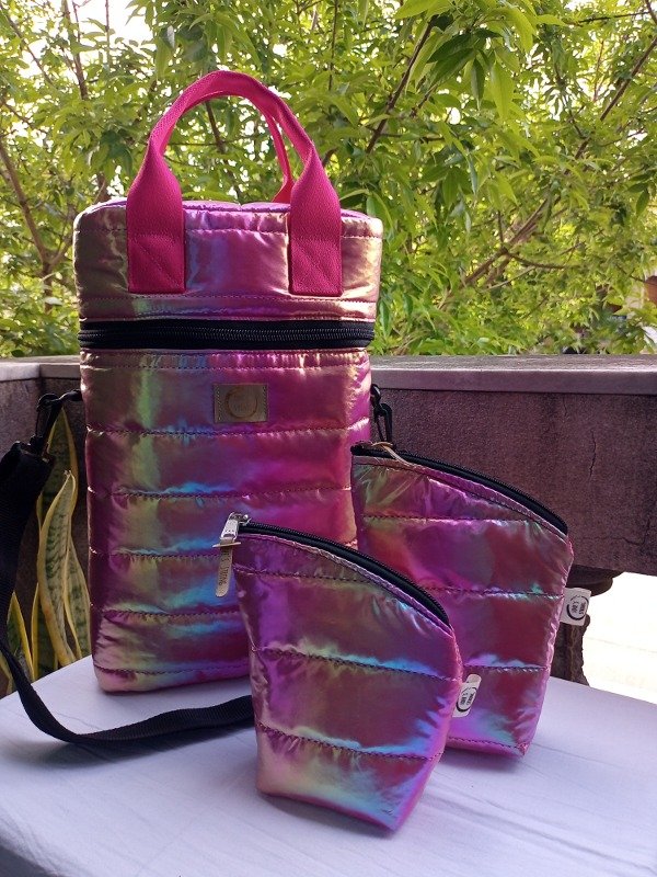 Producto - Bolso matero"Trevelin" + set flexi latas. Rosa metalizado