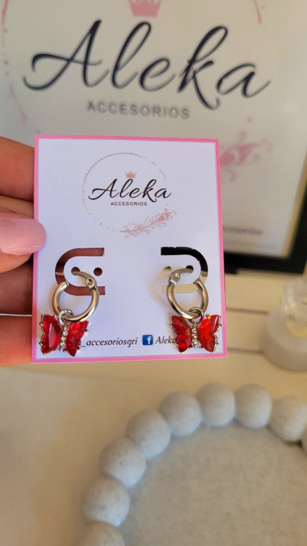 Producto - Argollas dije de mariposa roja de acero quirúrgico - 0