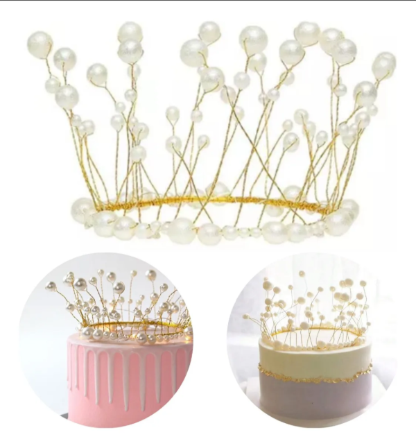 Producto - Corona para torta con perlas dorado o plateado 15 cm aprox