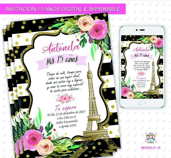 Producto - Invitación 15 años Digital e Imprimible París Eifel M10