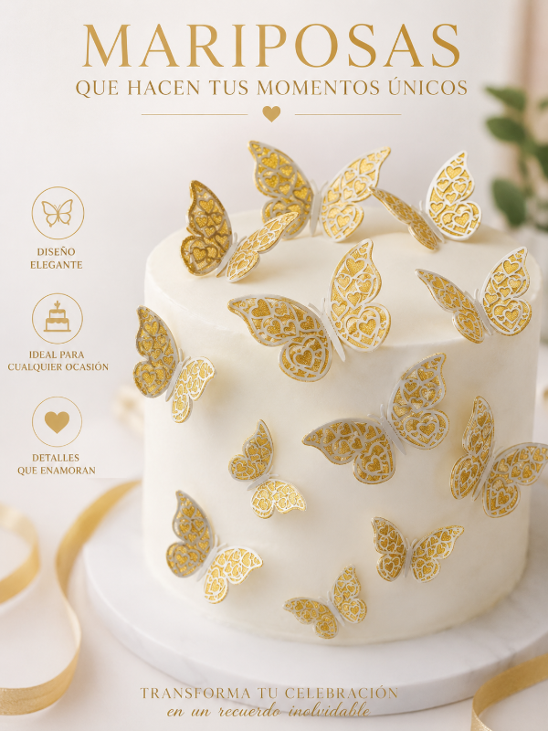Producto - Set de 6 mariposas doradas con bordes plateados  (NO COMESTIBLES)