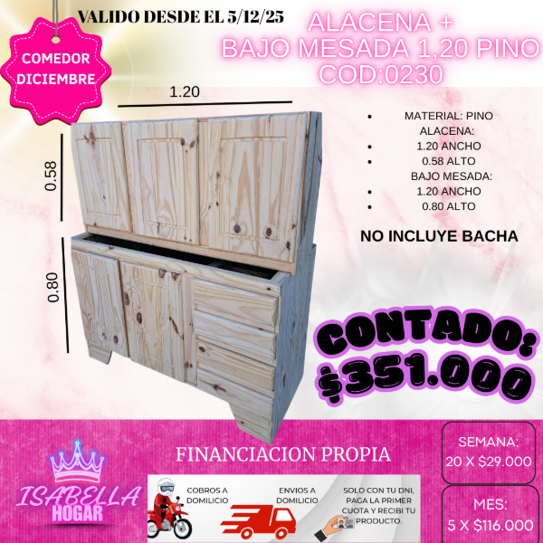 Producto - ALACENA + BAJO MESADA 1.20 PINO COD:0230