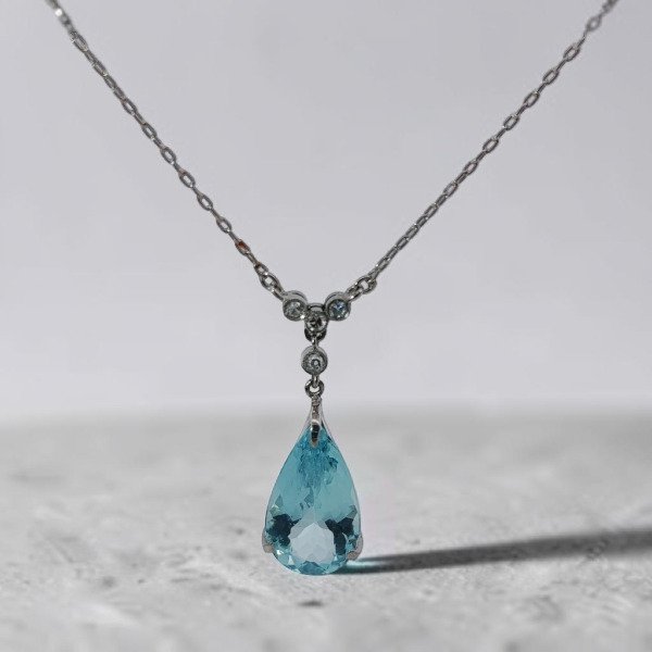 Producto - Pendant Art Deco platino , brillantes y agua marina - 0