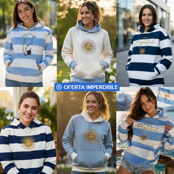 Producto - Buzo Argentina Mujer Frisado Sol de Mayo Bordado Bolsillos y Capucha