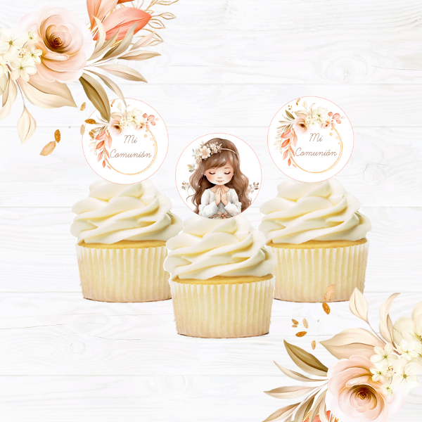 Producto - Topper Cupcake x 10 "Mi Comunión" Flores Salmón retro