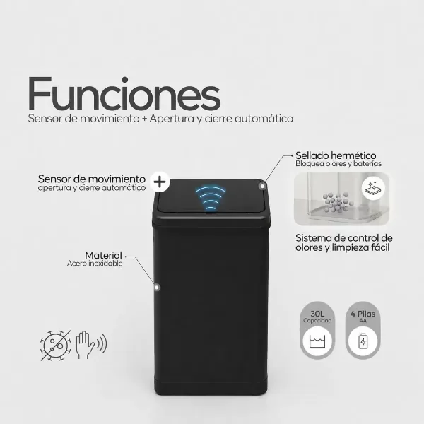 Producto - Tacho De Basura Inteligente Apertura Sensor Acero Inoxidable 50L y 30L Negro - 3
