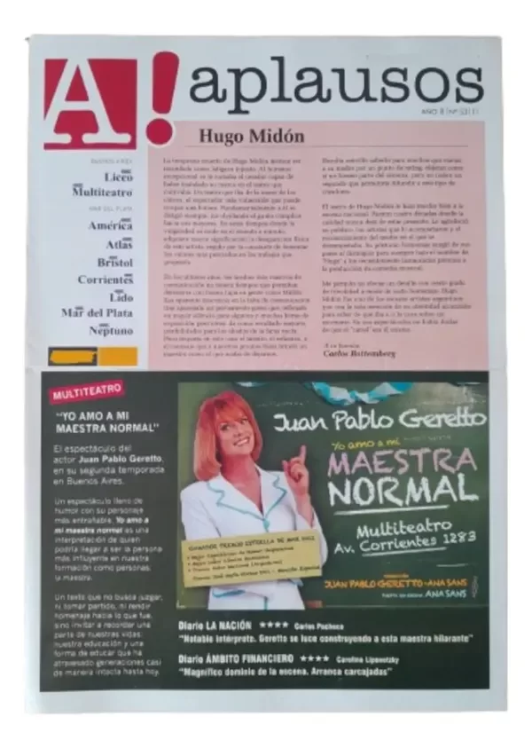 Producto - Aplausos Folleto Del Multiteatro Año 8 Numero 53 (usado)